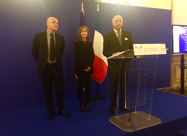 Olivier Poivre d'Arvor, Isabelle Huppert and Laurent Fabius during the launch of the Grand Tour at the Ministry of Foreign Affairs on January 14, 2016 - Photo SHD.