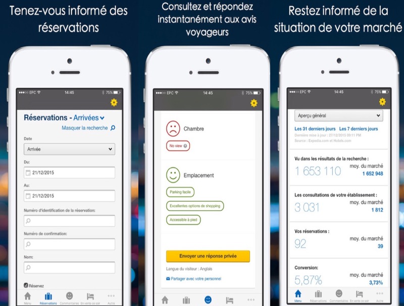 Lancement de la nouvelle application mobile Expedia pour ses clients hôteliers en France - © Captures d'écran