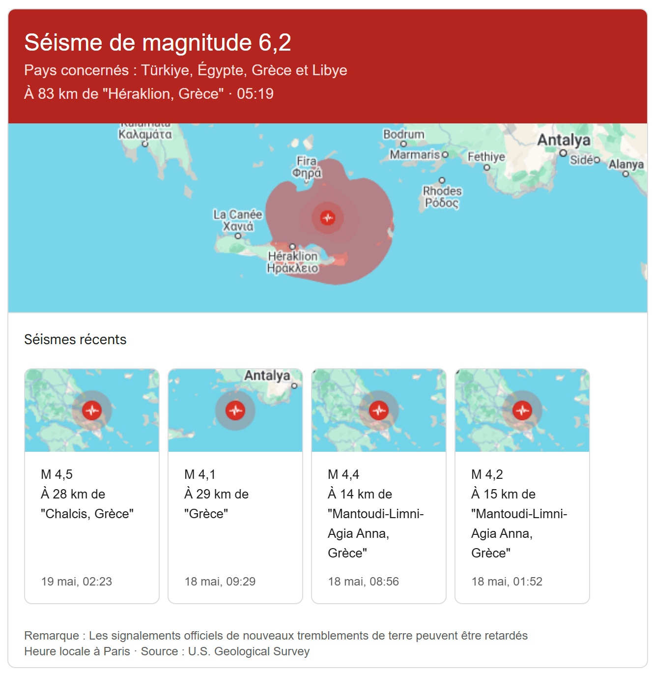 Grèce : un fort séisme de magnitude 6,1 se déclenche au large de la Crète - Photo Google Grèce : un fort séisme de magnitude 6,1 se déclenche au large de la Crète - Photo Google