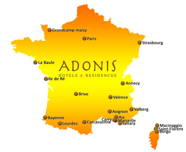 Map of Adonis Hotels & Résidences establishments in France