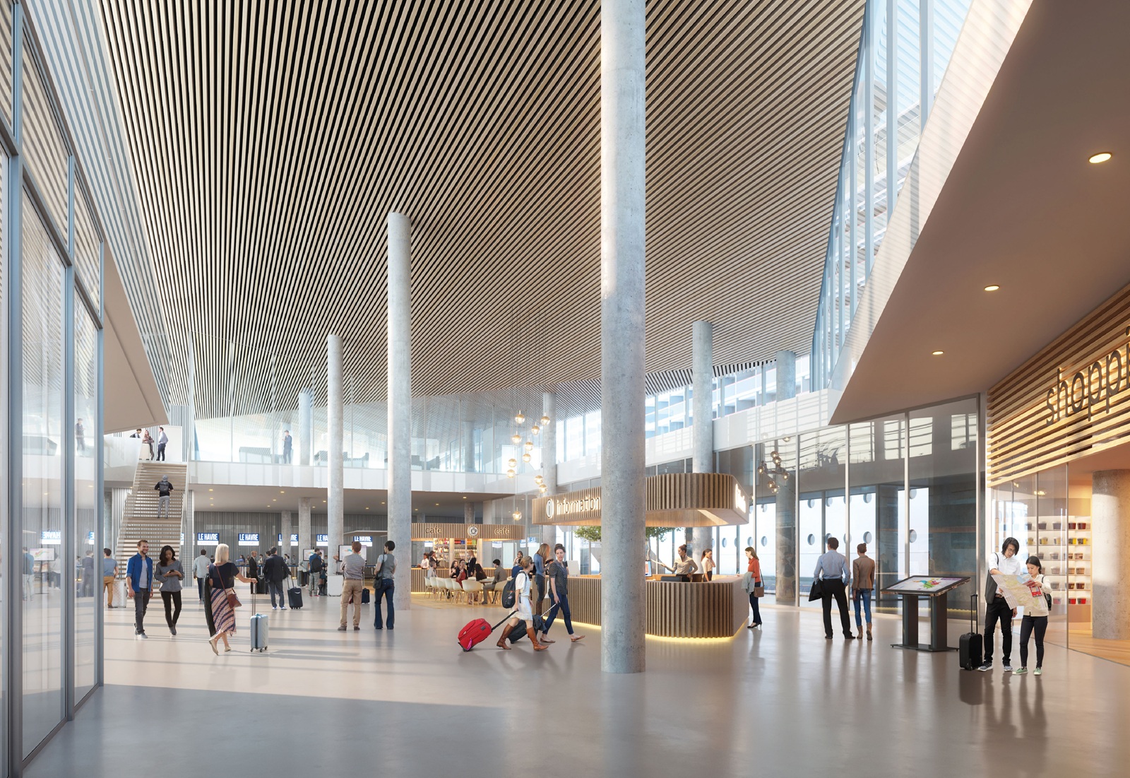 Un hall d'accueil ultra-moderne pour accueillir les passagers - Photo :  Vize rending for Enia Architectes Un hall d'accueil ultra-moderne pour accueillir les passagers - Photo :  Vize rending for Enia Architectes