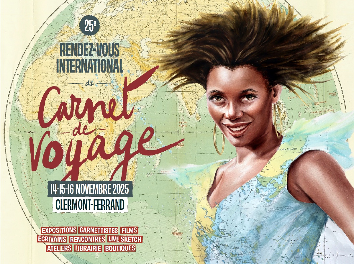 L'affiche du Rendez-vous international du Carnet de Voyage 2025 met en exergue deux thèmes : la célébration des grandes aventurières et l’importance des mers et océans - Réalisation Sonia Privat