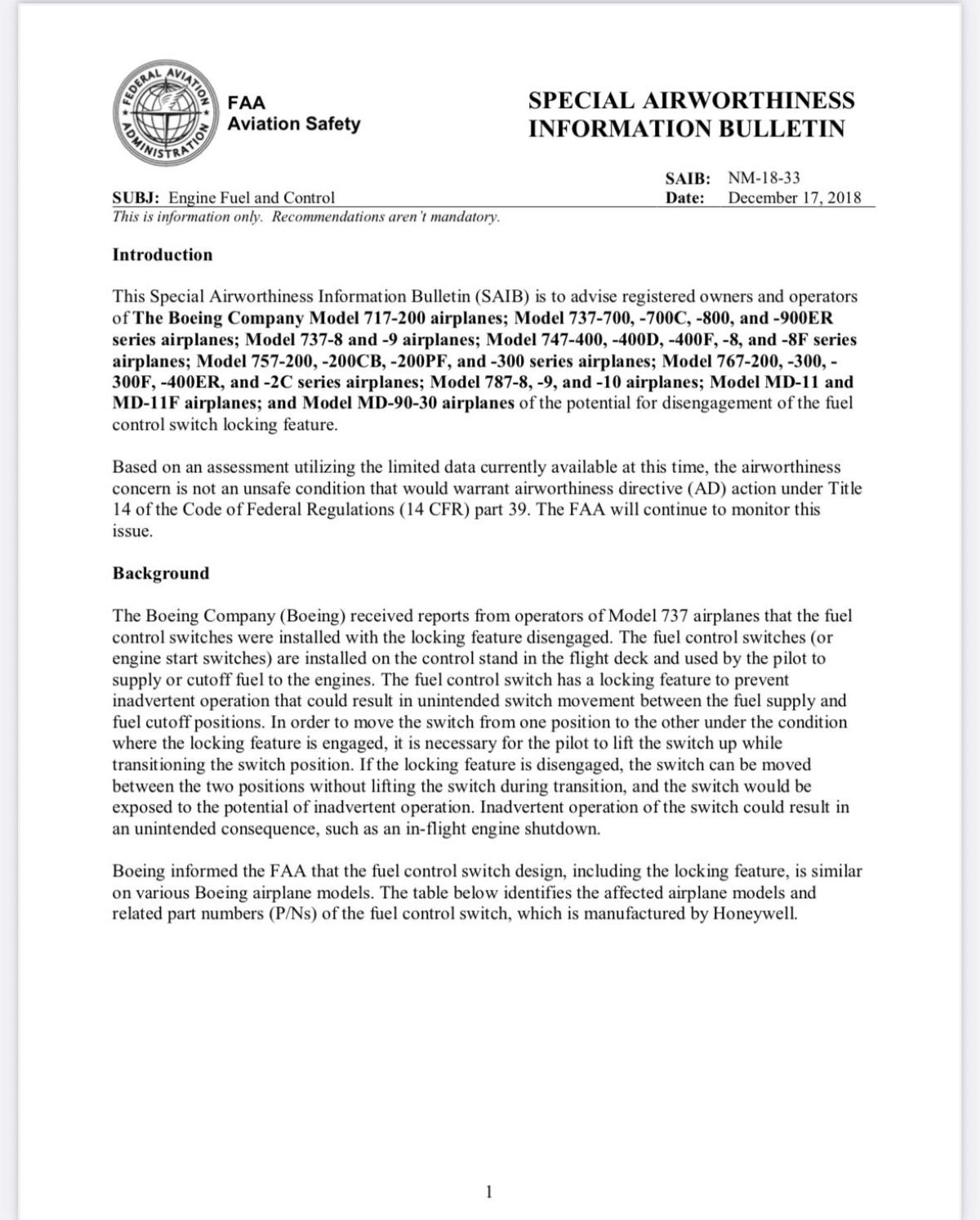 Extrait du bulletin de la FAA publié le 17 décembre 2018 et informant d’un risque potentiel lié au verrouillage du commutateur de commande de carburant.