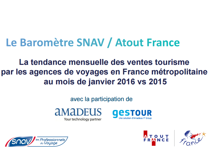 Baromètre SNAV/Atout France : réservations en hausse de 1,2 % en janvier 2016 Baromètre SNAV/Atout France : réservations en hausse de 1,2 % en janvier 2016