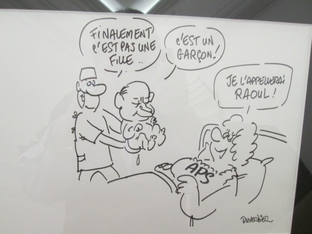 Bien en vue dans le bureau de Raoul Nabet, une caricature qui lui rappelle... des débuts "difficiles" : DR : Caricature - Photo MS