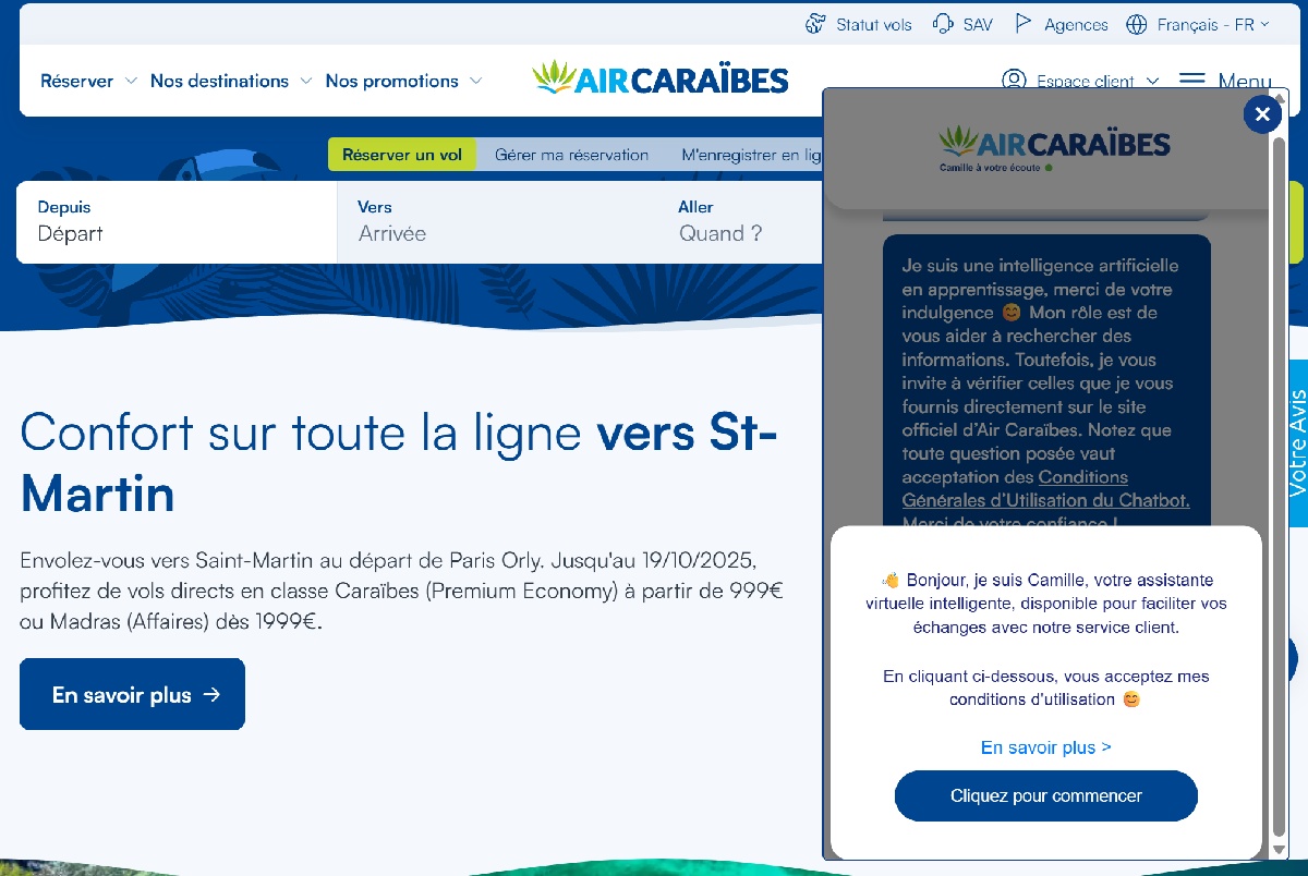 Air Caraïbes annonce le lancement de Camille, un assistant virtuel - Capture écran