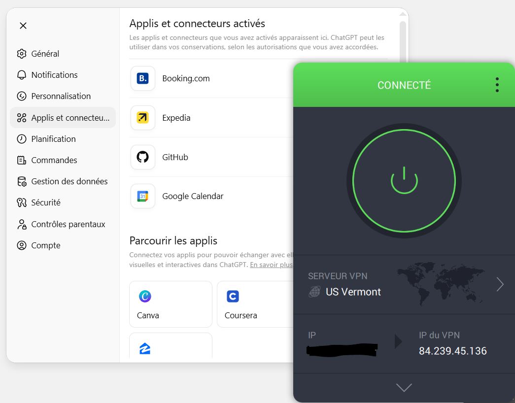 Pour tester Booking et Expedia sur Chat GPT il faut recourir à un VPN pour simuler une connexion depuis un pays où les applications sont actives, comme les États-Unis ou le Canada. Capture écran