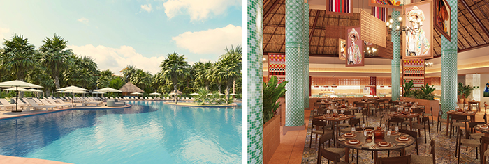 La piscine du Bahia Principe Grand Tequila, l’un des centres de l’animation du resort, ainsi que le restaurant buffet qui respire la culture mexicaine - Images de synthèse © Bahia Principe Hotels & Resorts