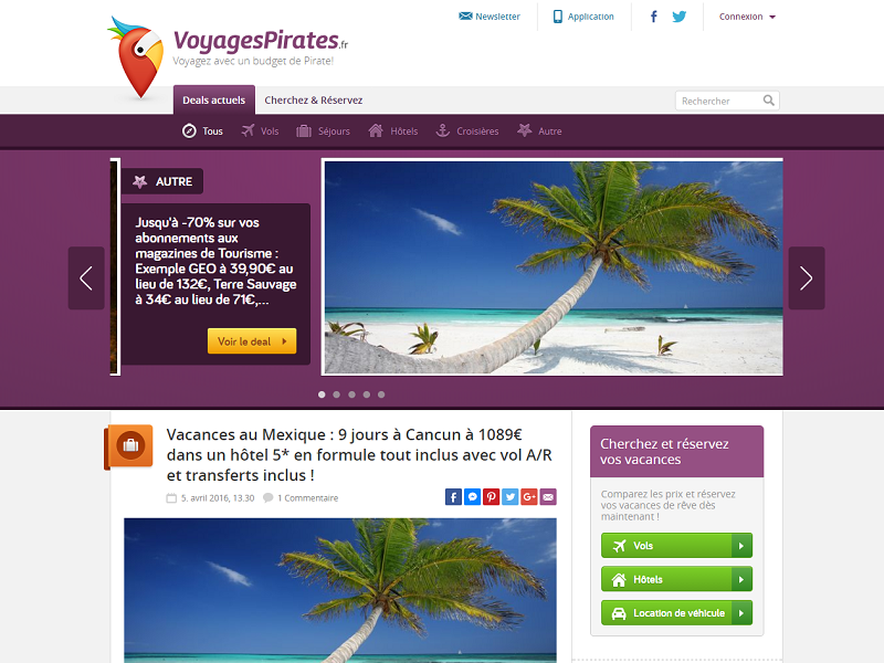 Chaque jour, Voyages Pirates publie des bons plans touristiques - Capture d'écran