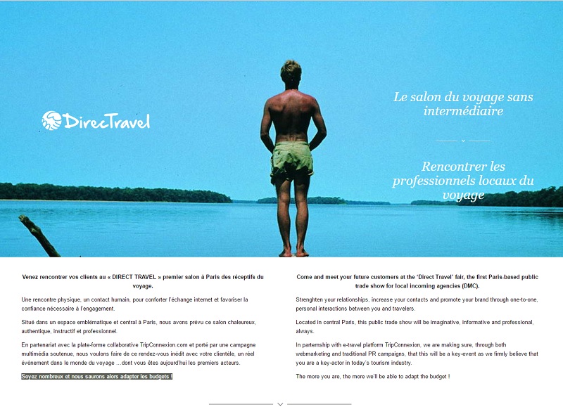 Organisé les 1er et 2 octobre 2016, le salon B2C Directravel devrait accueillir entre 50 et 80 agences réceptives du monde entier, à la Cité de la Mode et du Design, à Paris - DR : Capture d'écran Directravel Organisé les 1er et 2 octobre 2016, le salon B2C Directravel devrait accueillir entre 50 et 80 agences réceptives du monde entier, à la Cité de la Mode et du Design, à Paris - DR : Capture d'écran Directravel