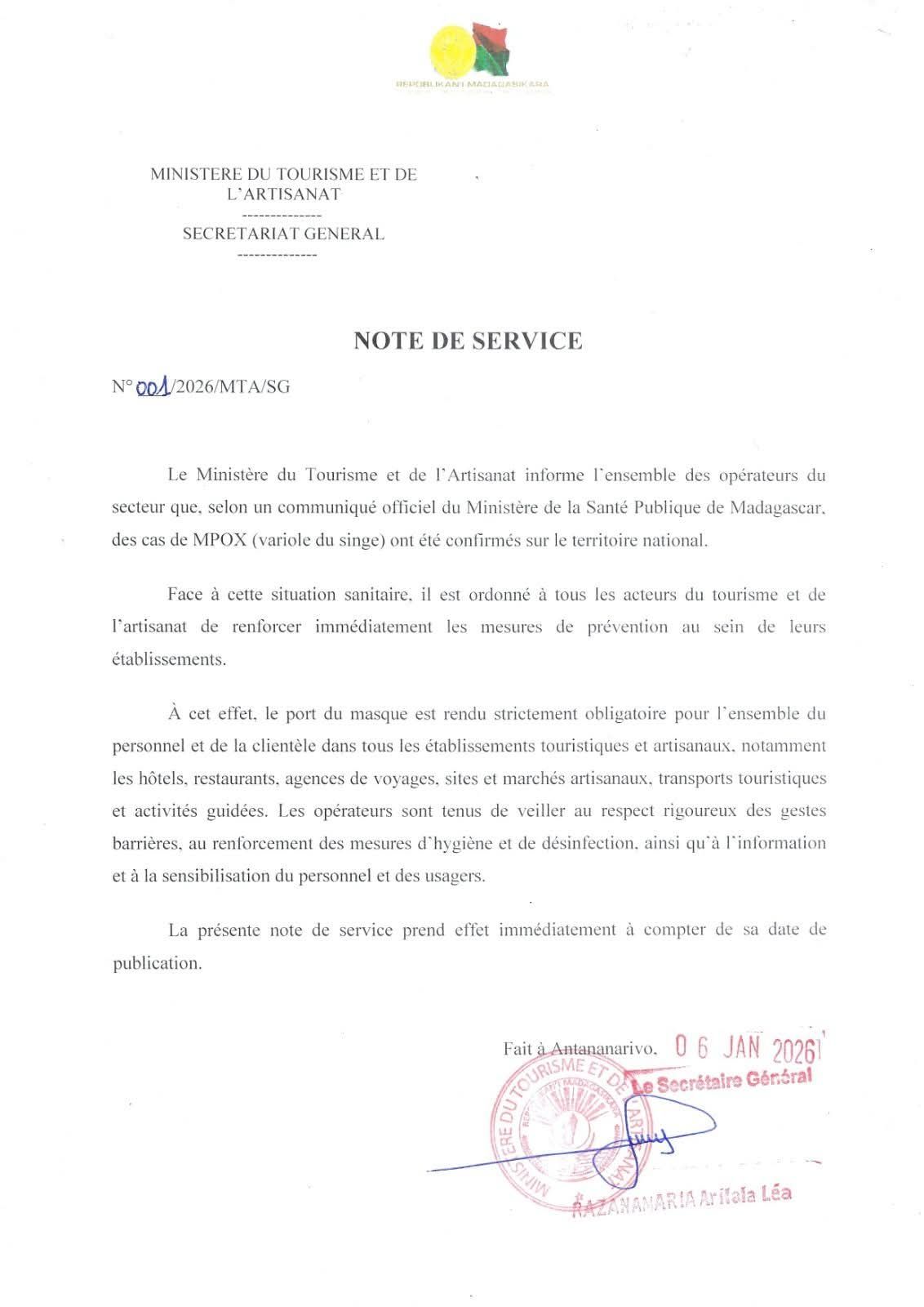 La note a été publiée par les autorités sur le compte Facebook du Ministère du tourisme et l'Artisanat