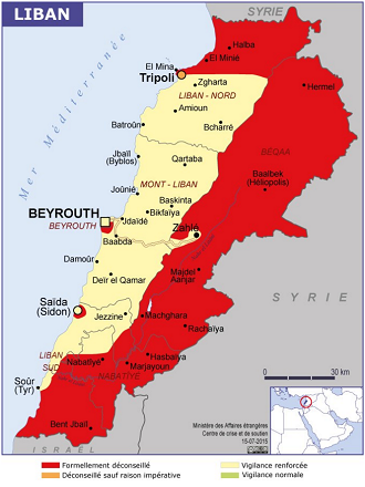 La carte des restrictions du Quai d'Orsay pour le Liban - DR : Conseils aux Voyageurs