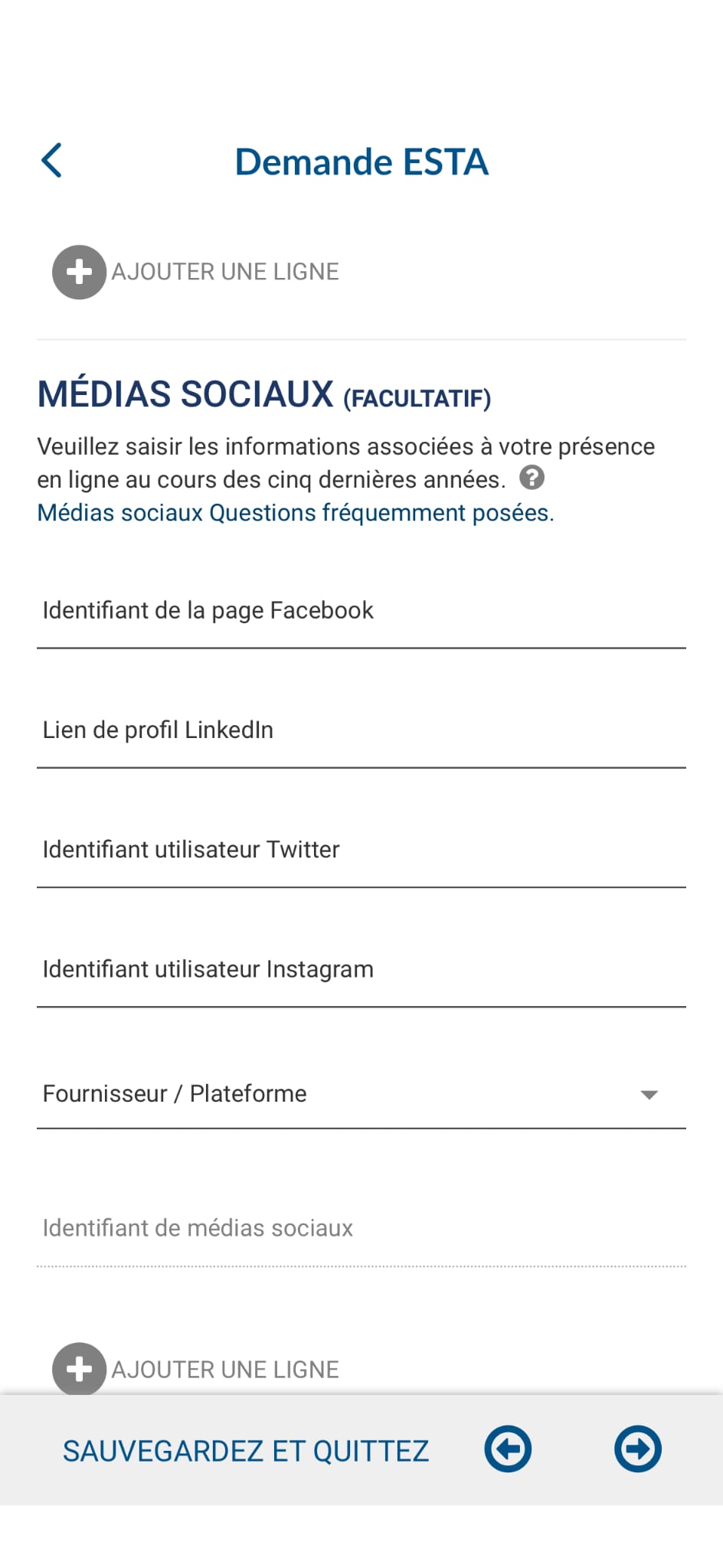 Voici une capture d'écran effectué ce 9 février 2026 sur le formulaire de demande d'ESTA - Capture