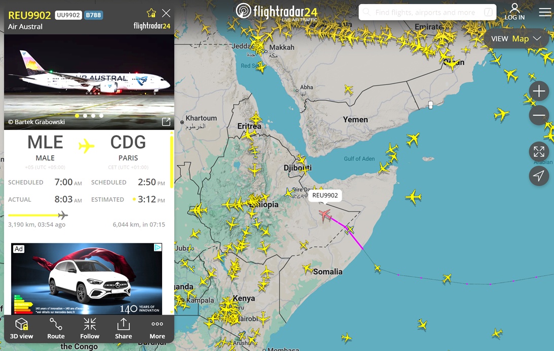 Le vol REU9902 a décollé ce matin à 7H heure locale de Malé avec à son bord 260 passagers - Filghtradar