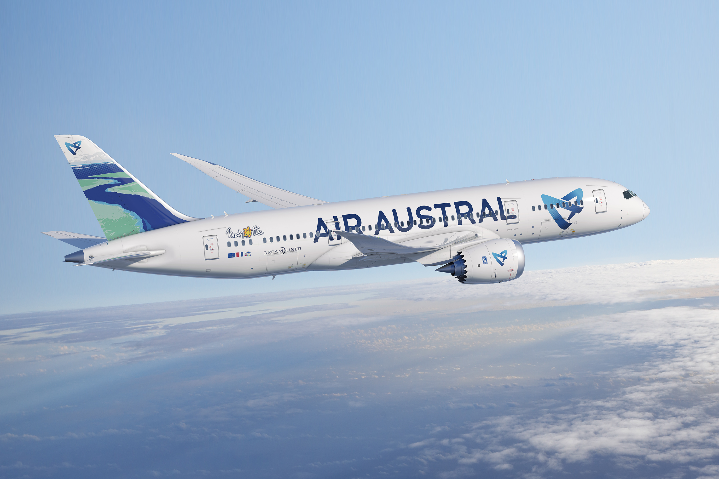 Le nouveau Boeing Dreamliner d'Air Austral a été peint aux couleurs du lagon de Mayotte. DR Air Austral