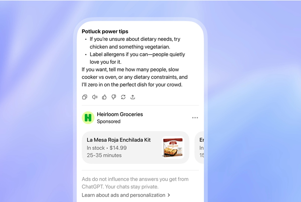 Exemple de publicité dans Chat GPT montré sur le site d'OpenAI - Source OpenAI