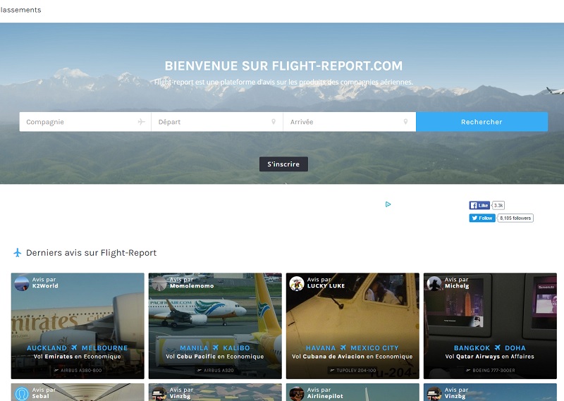 La nouvelle interface du site d'avis aériens Flight Report - DR : Flight Report