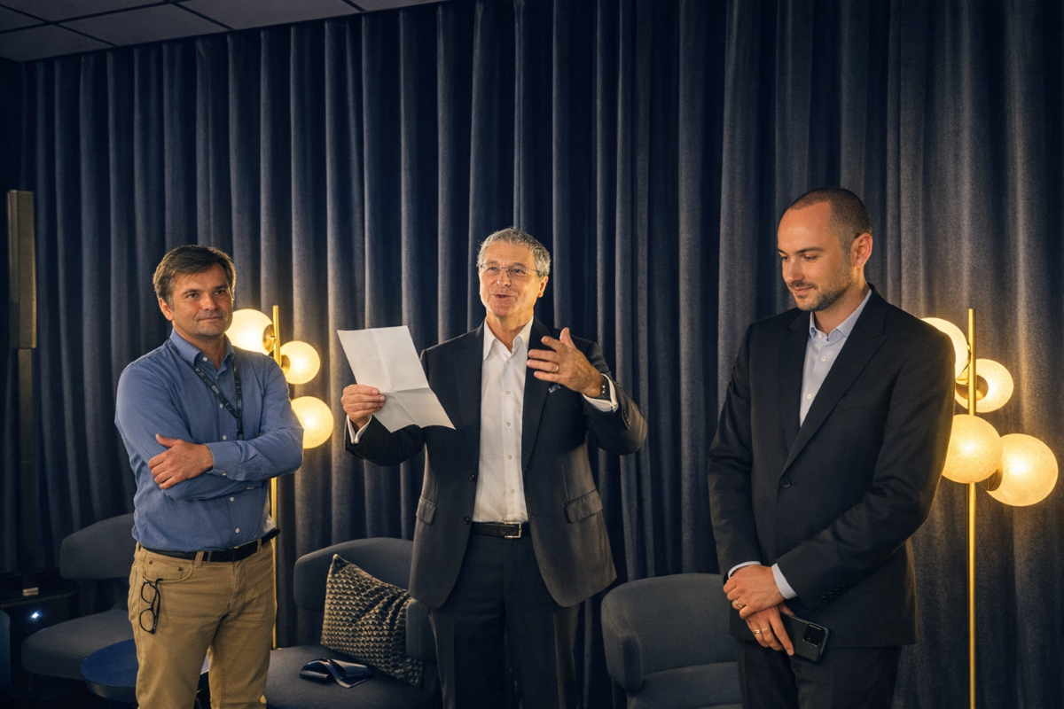 Dans le nouveau salon Corsair, Pascal de Izaguirre avec à gauche,Thomas Dubus, Président du Directoire de l’aéroport de La Réunion et à droite Vladimir Mazur, l’architecte du nouveau salon Corsair. Photo : C.Hardin