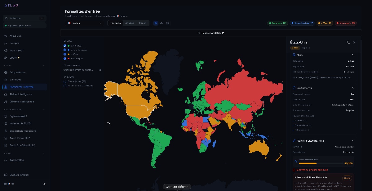La plateforme intègre également un module dédié aux formalités d’entrée, avec des informations actualisées sur les exigences de visas, passeports, conditions sanitaires ou encore réglementations douanières selon les destinations et les nationalités des voyageurs. - Photo AtlasProtect.io