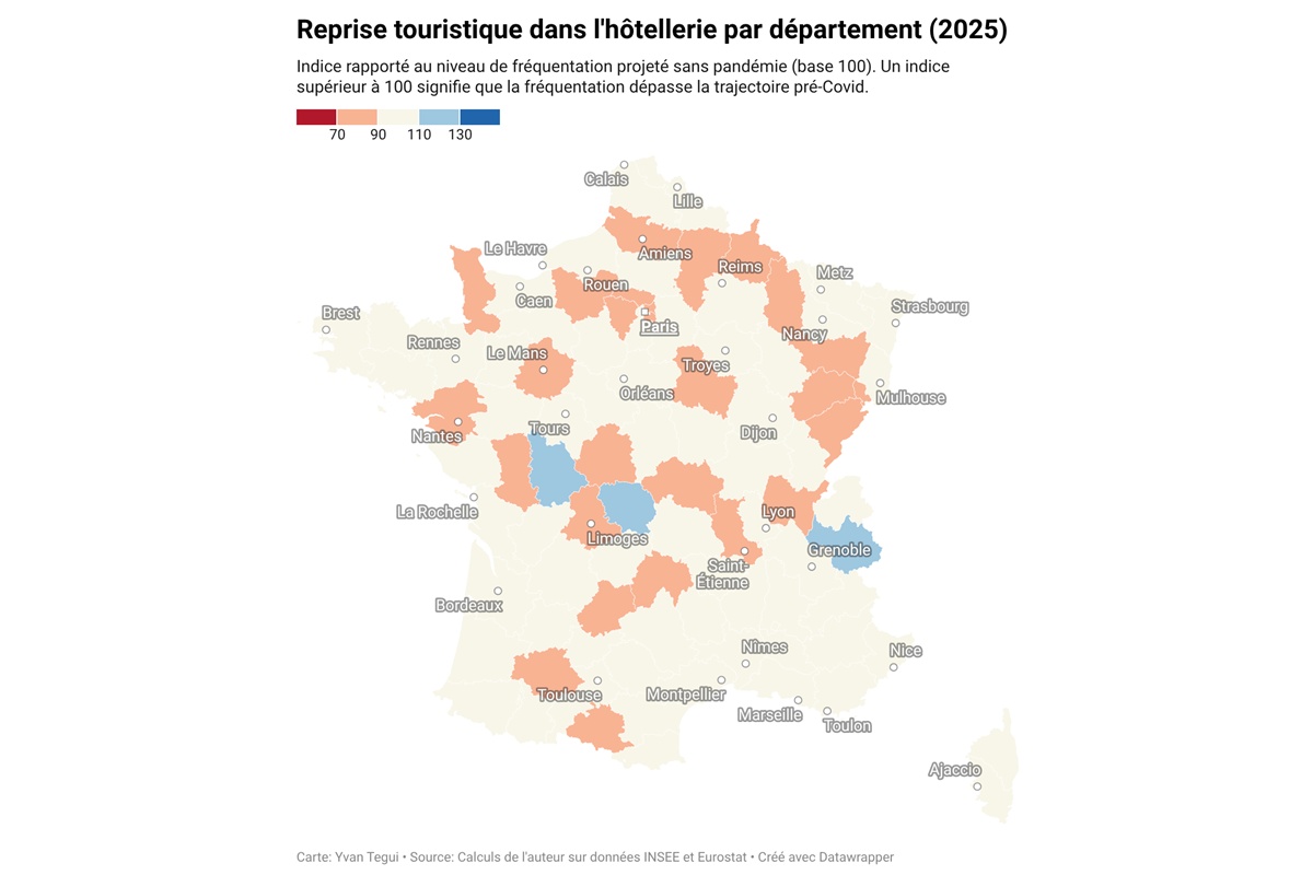 Etat de la reprise dans l'hôtellerie en 2025 dans les 30 plus grandes villes de France (cliquez sur l'image pour l'agrandir) - Illustration : Yvan Tegui