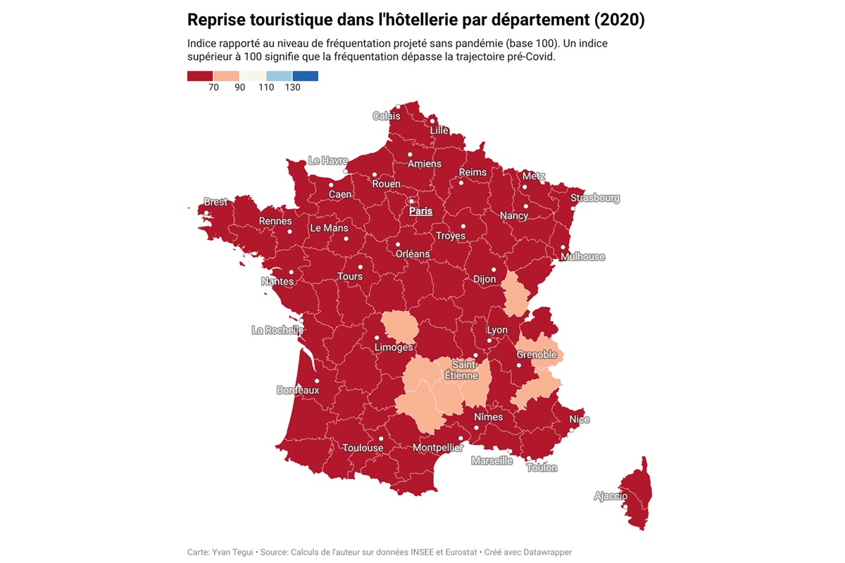 Etat de la reprise dans l'hôtellerie en 2020 dans les 30 plus grandes villes de France (cliquez sur l'image pour l'agrandir) - Illustration : Yvan Tegui