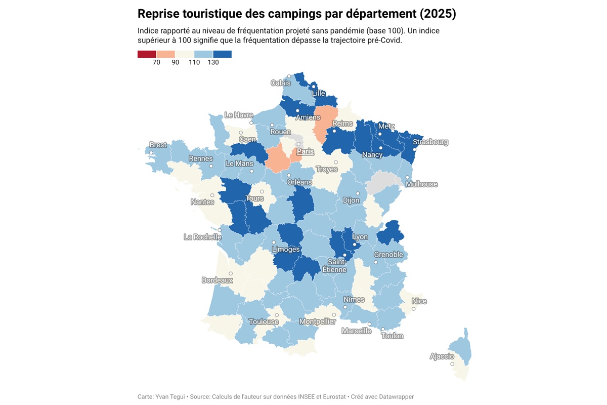 Etat de la reprise dans l'hôtellerie de plein air en 2025 dans les 30 plus grandes villes de France (cliquez sur l'image pour l'agrandir) - Illustration : Yvan Tegui
