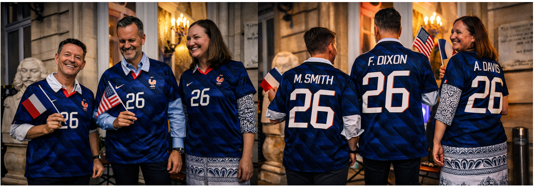 Fred Dixon et ses collaborateurs n’ont pas hésité à revêtir le maillot français lors de la soirée Brand USA organisée à Paris la semaine dernière. Photo : C. Hardin