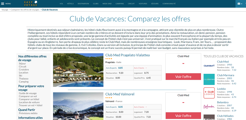 Le comparateur de clubs d'EasyVoyage est en ligne - Capture d'écran Le comparateur de clubs d'EasyVoyage est en ligne - Capture d'écran