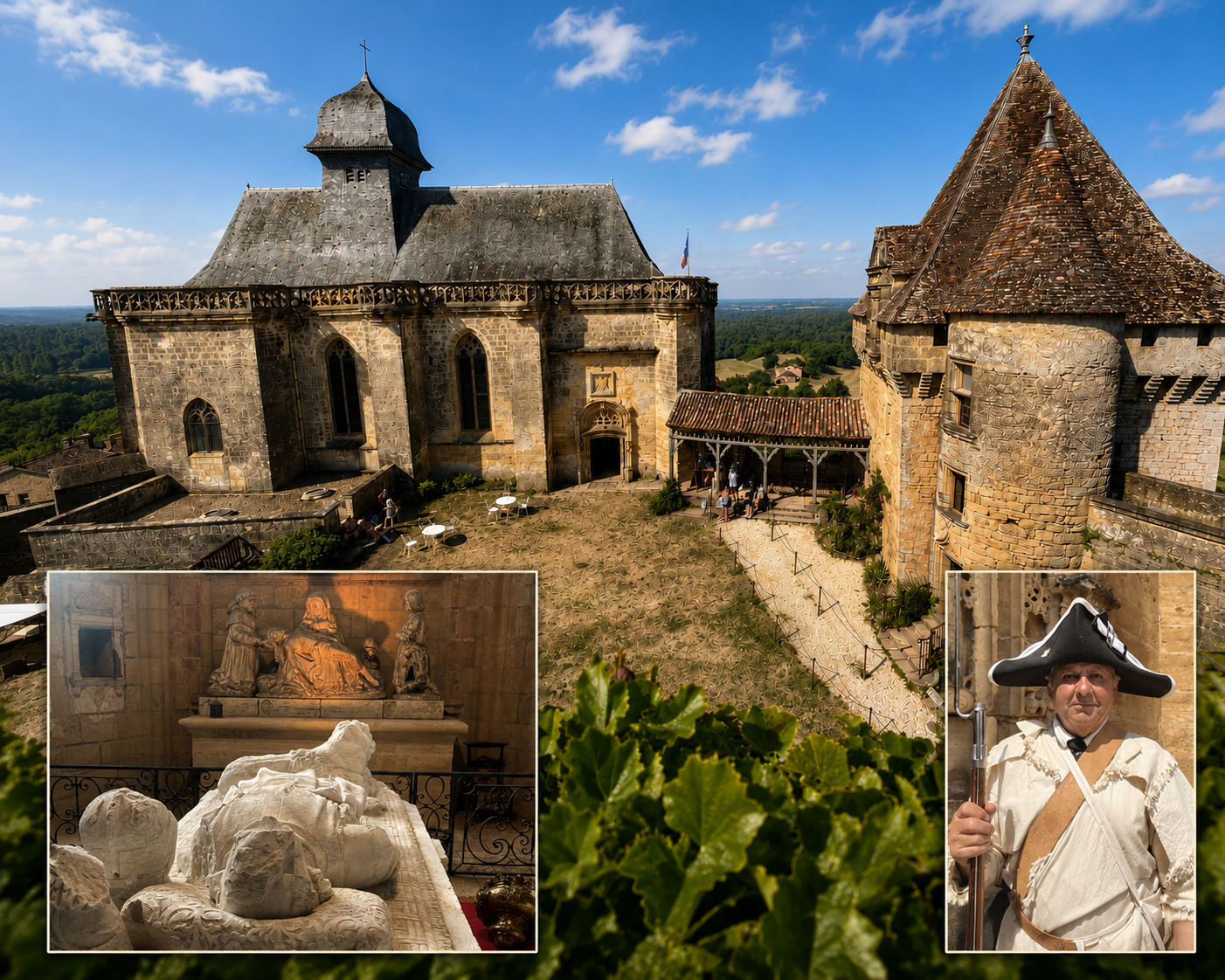 Le château de Biron. 1. Vue générale 2. Réplique de la Mise au tombeau 3. Soldat costumé pendant la commémoration de l'Indépendance américaine - Photo : PB, composition générée par IA