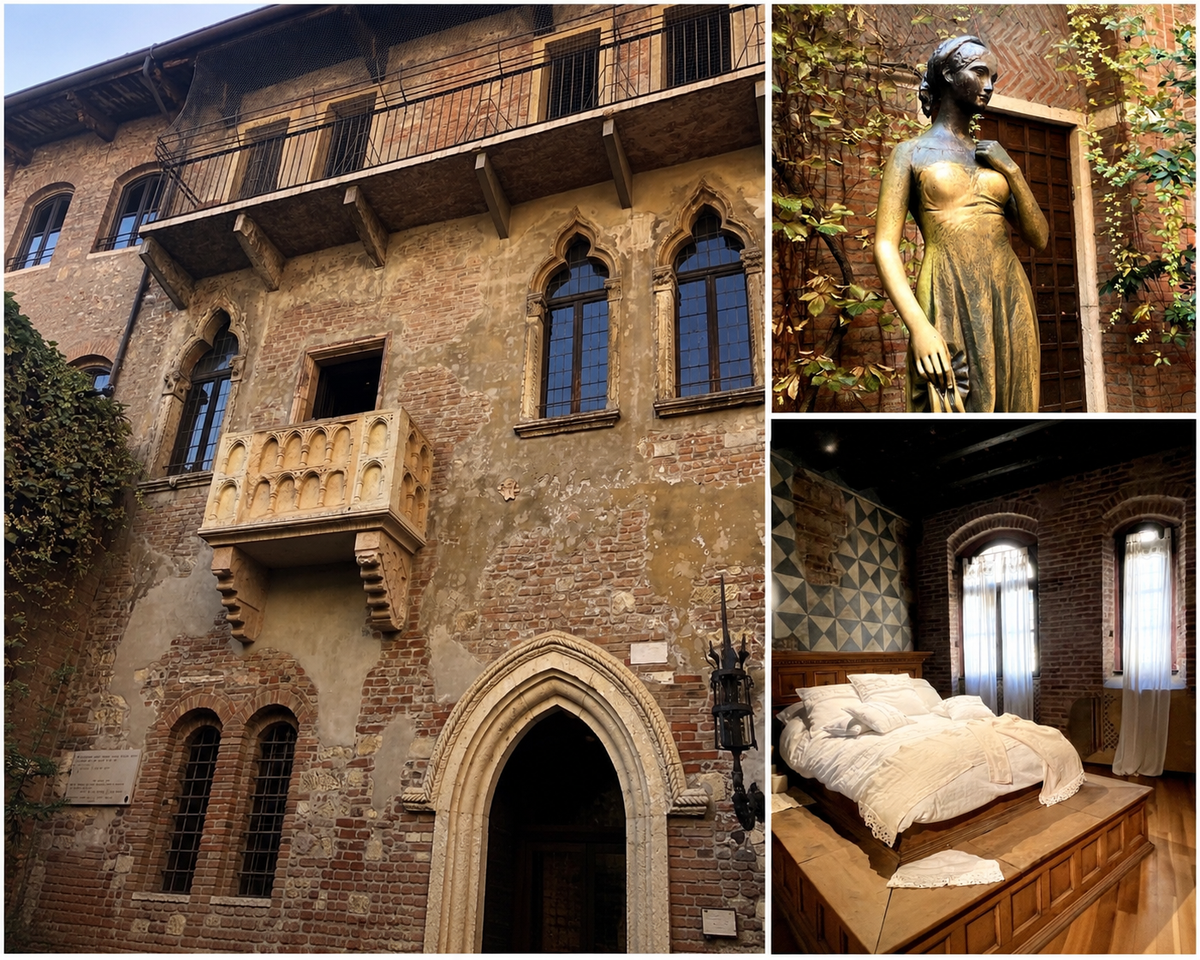 La maison et son balcon rajouté au XXe siècle; la statue de Juliette ; dans le petit musée installé dans les étages, le lit des "amants de Vérone" utilisé en 1969 par Franco Zeffirelli pour son film Roméo et Juliette. Photos PB. Composition générée par IA.