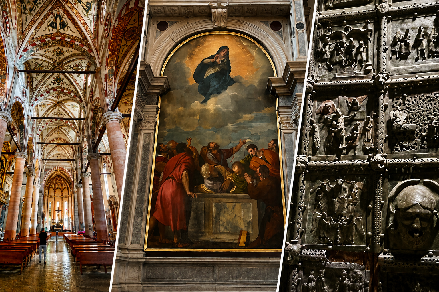 Vue intérieure de Sant'Anastasia. L''Assomption de la Vierge du Titien se trouve dans la chapelle Cartolari-Nichesola du Duomo. Détail des panneaux en bronze du portail de Saint-Zénon. Photos PB. Composition générée par IA.