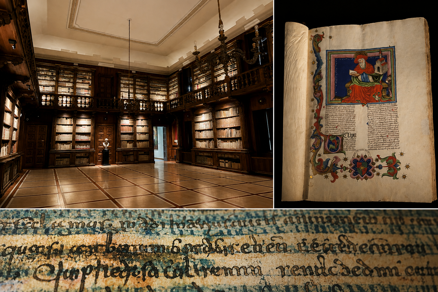 La salle principale de la Bibliothèque capitulaire. Liniature de Saint-Jérôme illustrant un manuscrit du XIVe. Détail (reproduction) du Palimpseste de Gaius. Photos PB. Composition générée par IA.