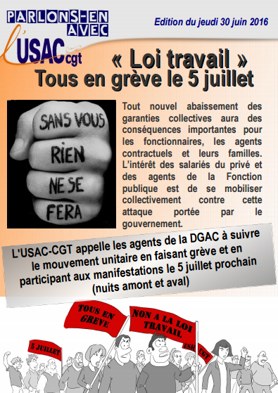 Le tract de l'USAC-CGT pour appeler les agents de la DGAC à la grève mardi 5 juillet 2016 - DR : USAC-CGT