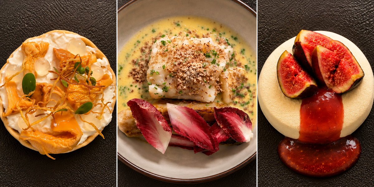 Au menu du bistrot de l'Auberge, un soir de septembre : cancoillotte de Rollot, girolles et gingembre en tartelette ; cabillaud, endive confite et beurre blanc aux noix ; figues rôties et coulis - Photo : PB, composition générée par IA