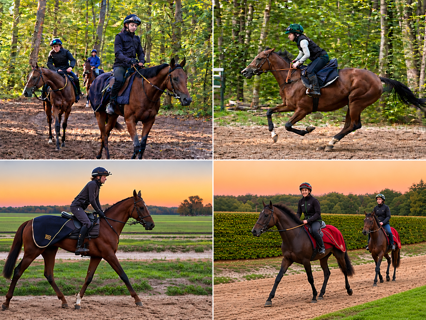 Chevaux à l'entraînement à Chantilly - Photos : PB, composition générée par IA