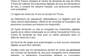 Chine : saisie des empreintes digitales obligatoire pour l'obtention du visa