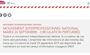 Grève SNCF : trafic perturbé sur l'ensemble du réseau national mardi 24 septembre 2019