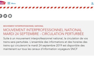 Grève SNCF : trafic perturbé sur l'ensemble du réseau national mardi 24 septembre 2019 Grève SNCF : trafic perturbé sur l'ensemble du réseau national mardi 24 septembre 2019