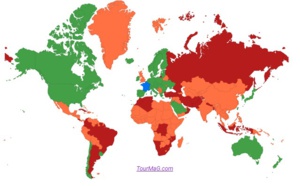 Liste pays : la Turquie, la Géorgie et l'Iran en rouge, le Chili et l'Uruguay en vert