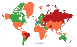Liste pays : Singapour en orange et Monténégro en rouge