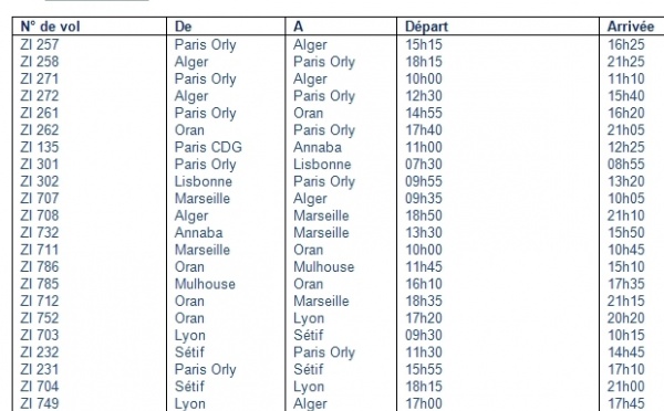 Programme de vols Aigle Azur du jeudi 28 octobre 2010