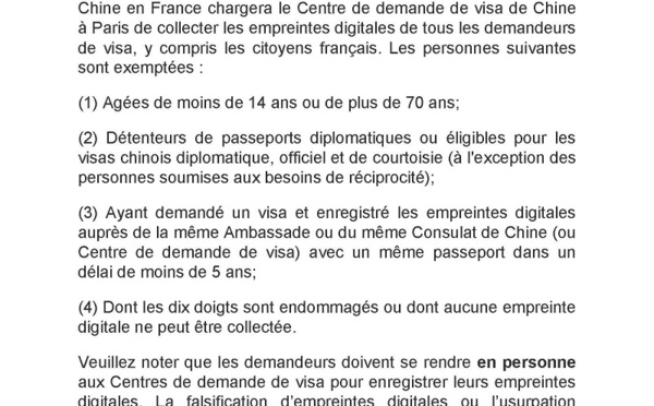 Chine : saisie des empreintes digitales obligatoire pour l'obtention du visa