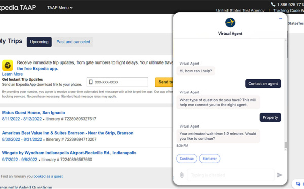 Lancement du chat de discussion avec un agent Expedia TAAP